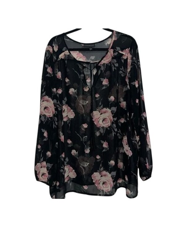 Lane Bryant Tops - Lane Bryant Sheer Floral Long Sleeve Blouse Size 22/24 Black & Pink Roses Womens